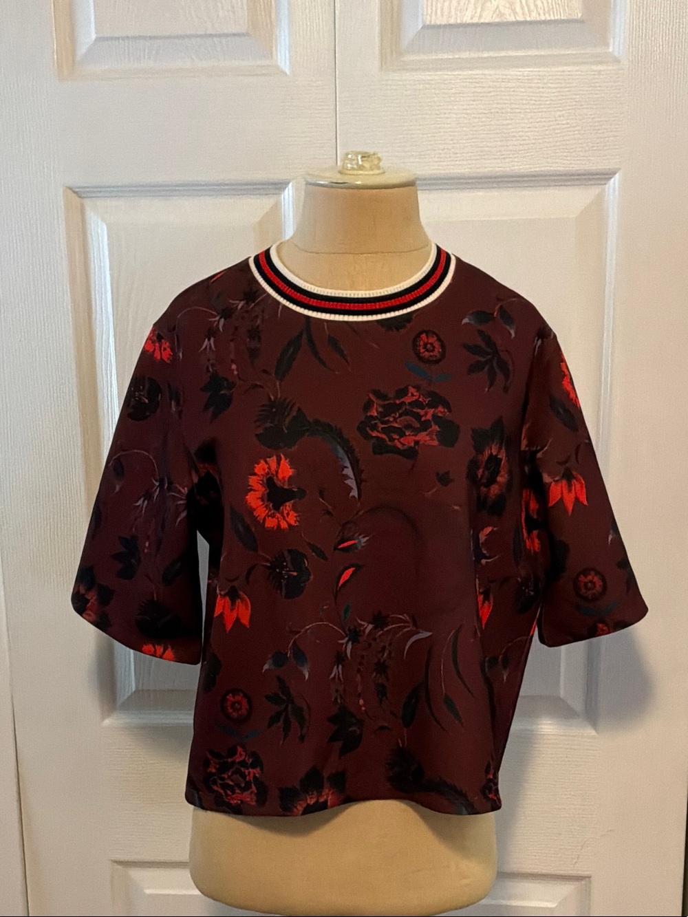 Sandro Paris Women's Burgundy Floral Crop Top with Striped Crew Neck